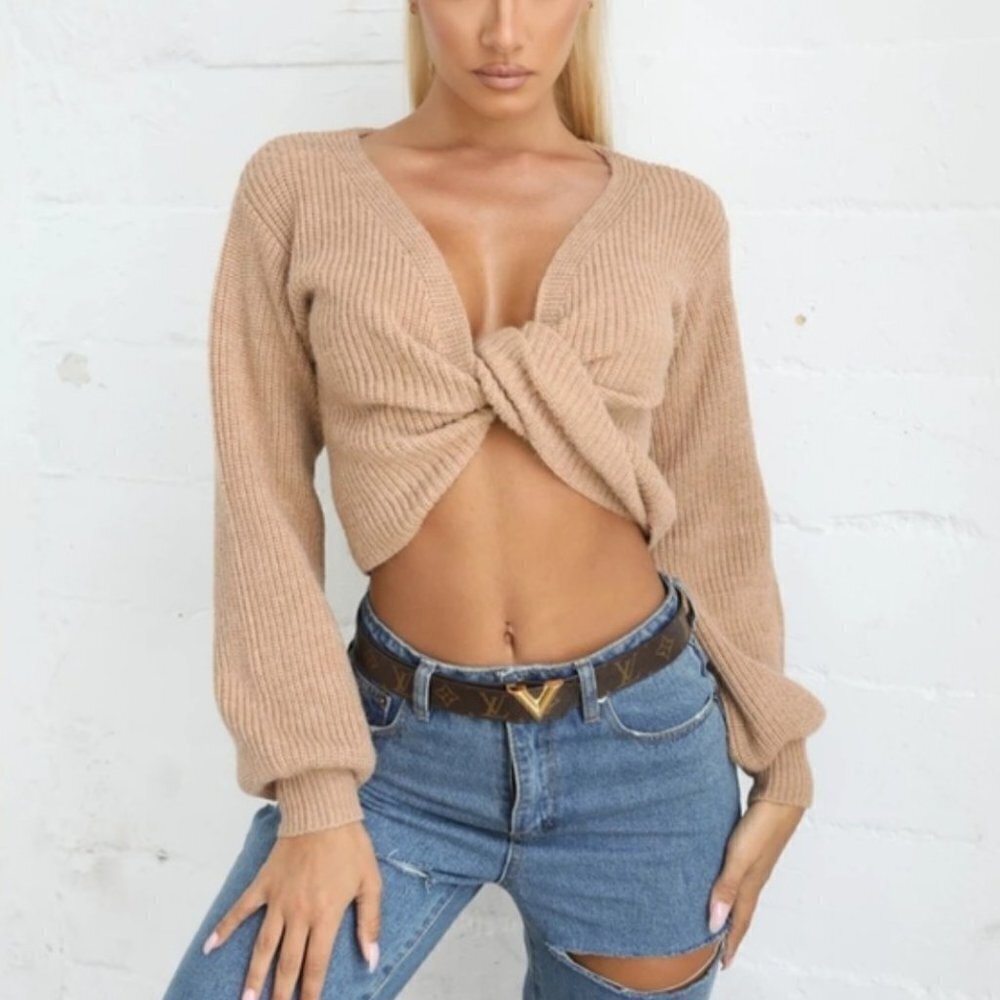 NEW Tiger Mist Revolve Tan Ribbed Knit Crop Wrap Sweater